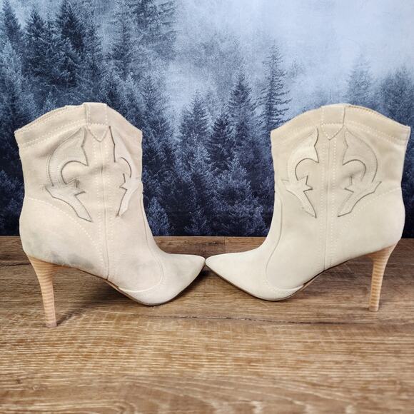 Nine West Beige Flow Leather Cowboy Stiletto Heeled Ankle Boots | Women's 8.5M - Picture 6 of 13